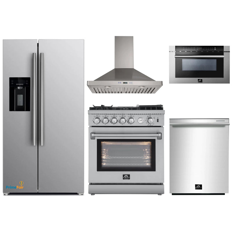 Forno 5-Piece Appliance Package - 30-Inch Gas Range with Air Fryer, Refrigerator with Water Dispenser, Wall Mount Hood, Microwave Drawer, & 3-Rack Dishwasher in Stainless Steel