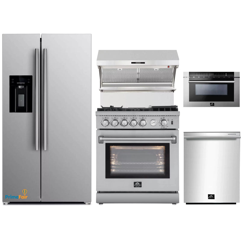 Forno 5-Piece Appliance Package - 30-Inch Gas Range with Air Fryer, Refrigerator with Water Dispenser, Wall Mount Hood with Backsplash, Microwave Drawer, & 3-Rack Dishwasher in Stainless Steel