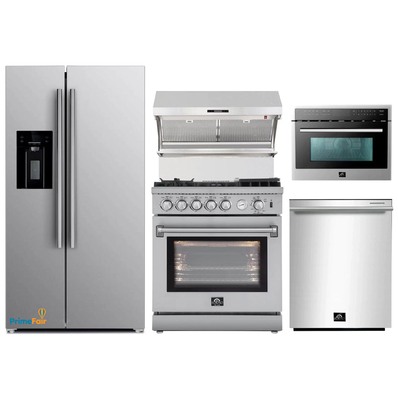 Forno 5-Piece Appliance Package - 30-Inch Gas Range with Air Fryer, Refrigerator with Water Dispenser, Wall Mount Hood with Backsplash, Microwave Oven, & 3-Rack Dishwasher in Stainless Steel