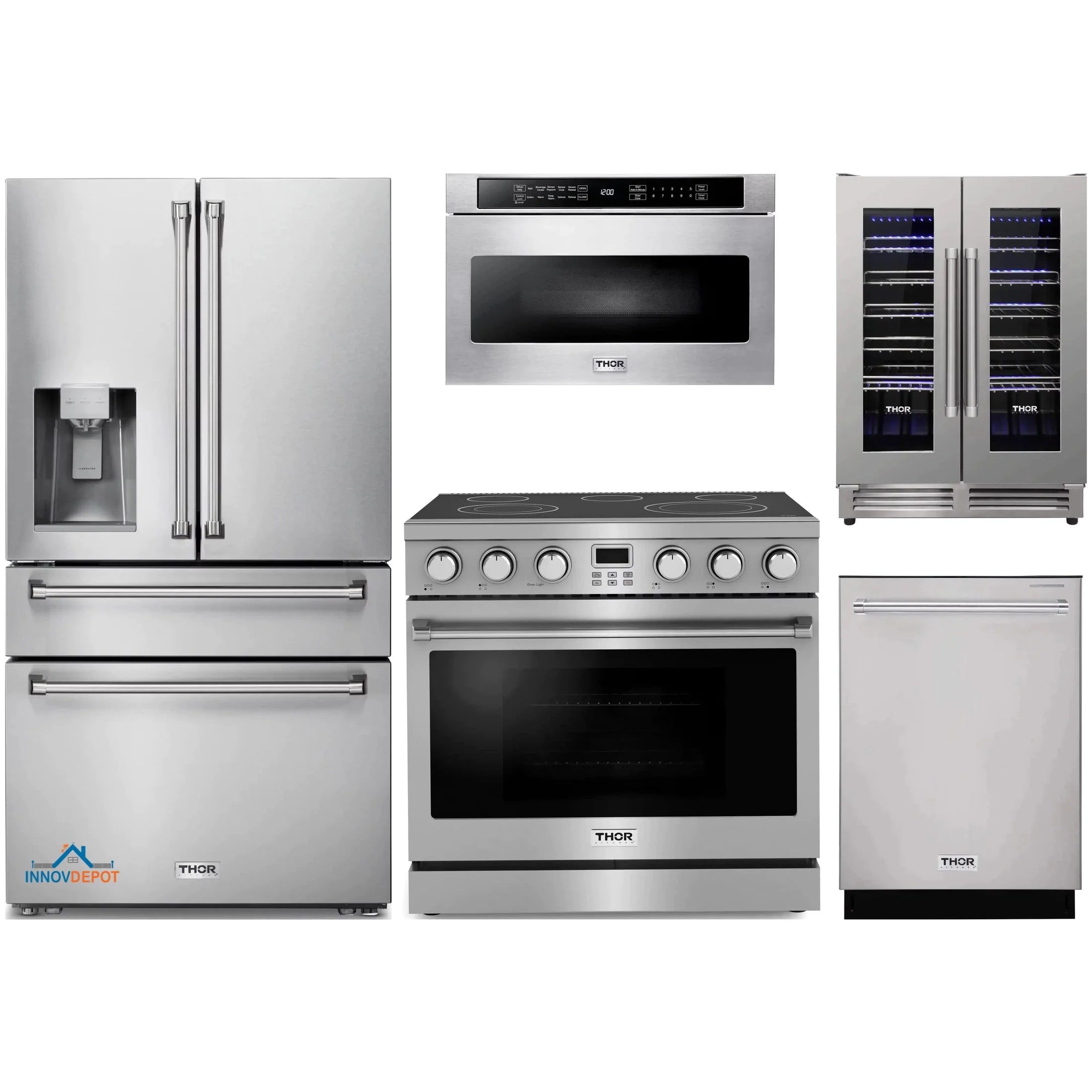 Thor Kitchen 5-Piece Appliance Package - 36-Inch Electric Range, Refrigerator with Water Dispenser, Dishwasher, Microwave, and Wine Cooler in Stainless Steel