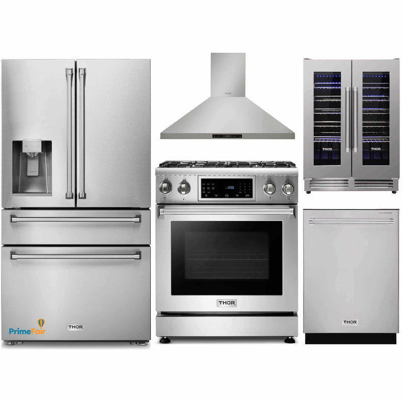 Thor Kitchen 5-Piece Appliance Package - 30-Inch Gas Range with Tilt Panel, Refrigerator with Water Dispenser, Wall Mount Hood, Dishwasher, & Wine Cooler in Stainless Steel