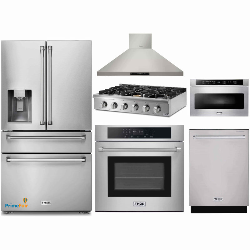 Thor Kitchen 6-Piece Pro Appliance Package - 36-Inch Rangetop, Electric Wall Oven, Wall Mount Hood, Refrigerator with Water Dispenser, Dishwasher, & Microwave in Stainless Steel