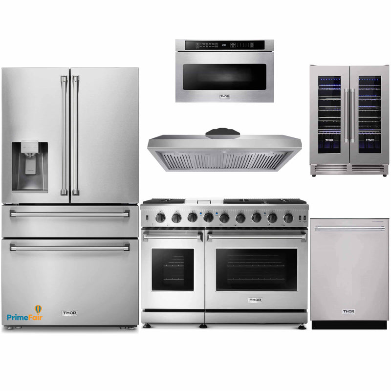 Thor Kitchen 6-Piece Appliance Package - 48-Inch Gas Range, Refrigerator with Water Dispenser, Under Cabinet 11-Inch Tall Hood, Dishwasher, Microwave Drawer, & Wine Cooler in Stainless Steel