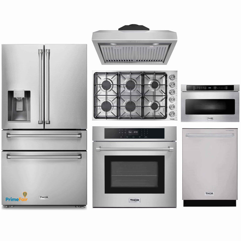 Thor Kitchen 6-Piece Pro Appliance Package - 36-Inch Gas Cooktop, Electric Wall Oven, Under Cabinet Hood, Refrigerator with Water Dispenser, Dishwasher & Microwave Drawer in Stainless Steel