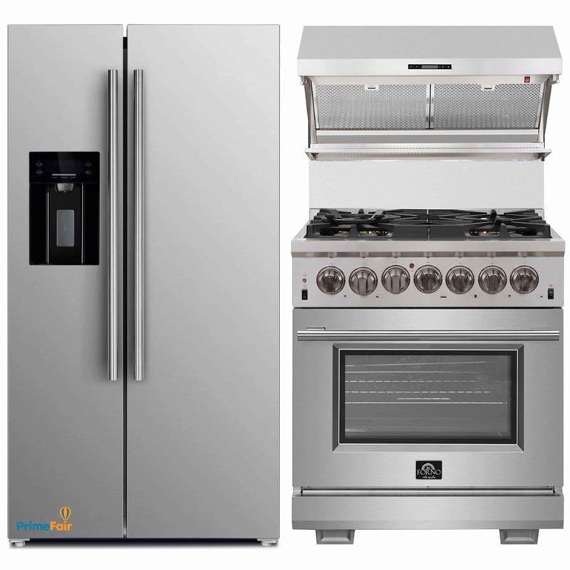 Forno 3-Piece Pro Appliance Package - 30-Inch Dual Fuel Range, Refrigerator with Water Dispenser,& Wall Mount Hood with Backsplash in Stainless Steel