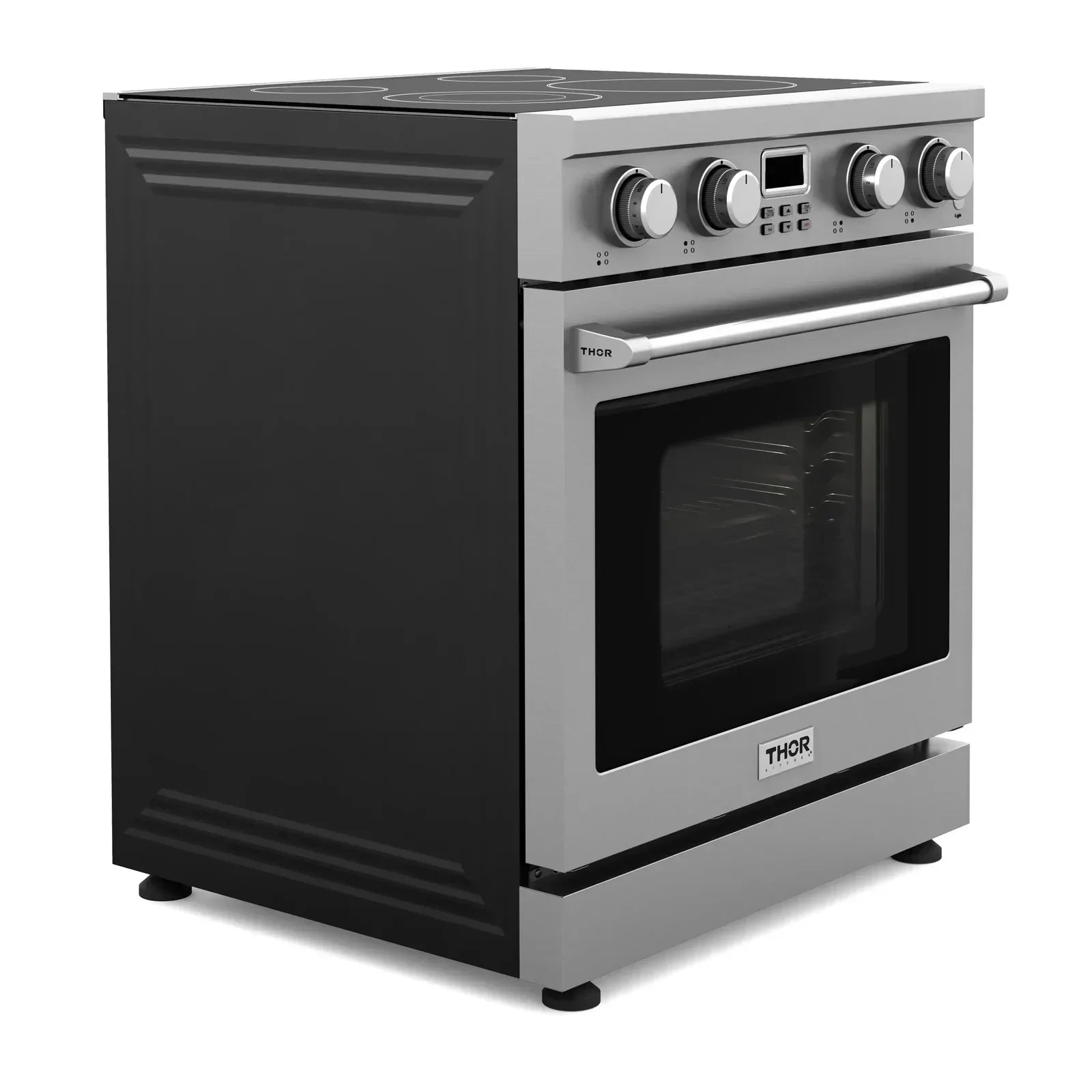 Thor Kitchen 6-Piece Appliance Package - 30-Inch Electric Range, Wall Mount Range Hood, Refrigerator with Water Dispenser, Dishwasher, Microwave, and Wine Cooler in Stainless Steel