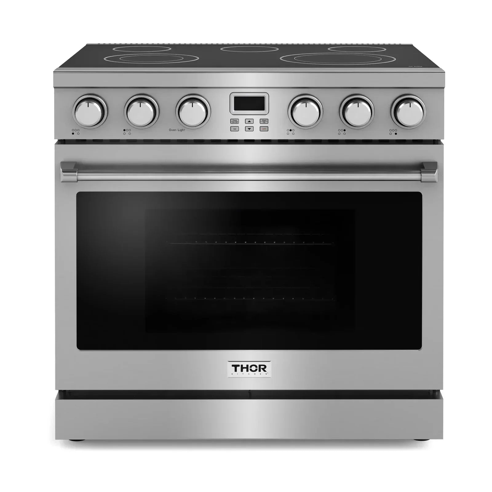Thor Kitchen 6-Piece Appliance Package - 36-Inch Electric Range, Wall Mount Range Hood, Refrigerator with Water Dispenser, Dishwasher, Microwave, and Wine Cooler in Stainless Steel