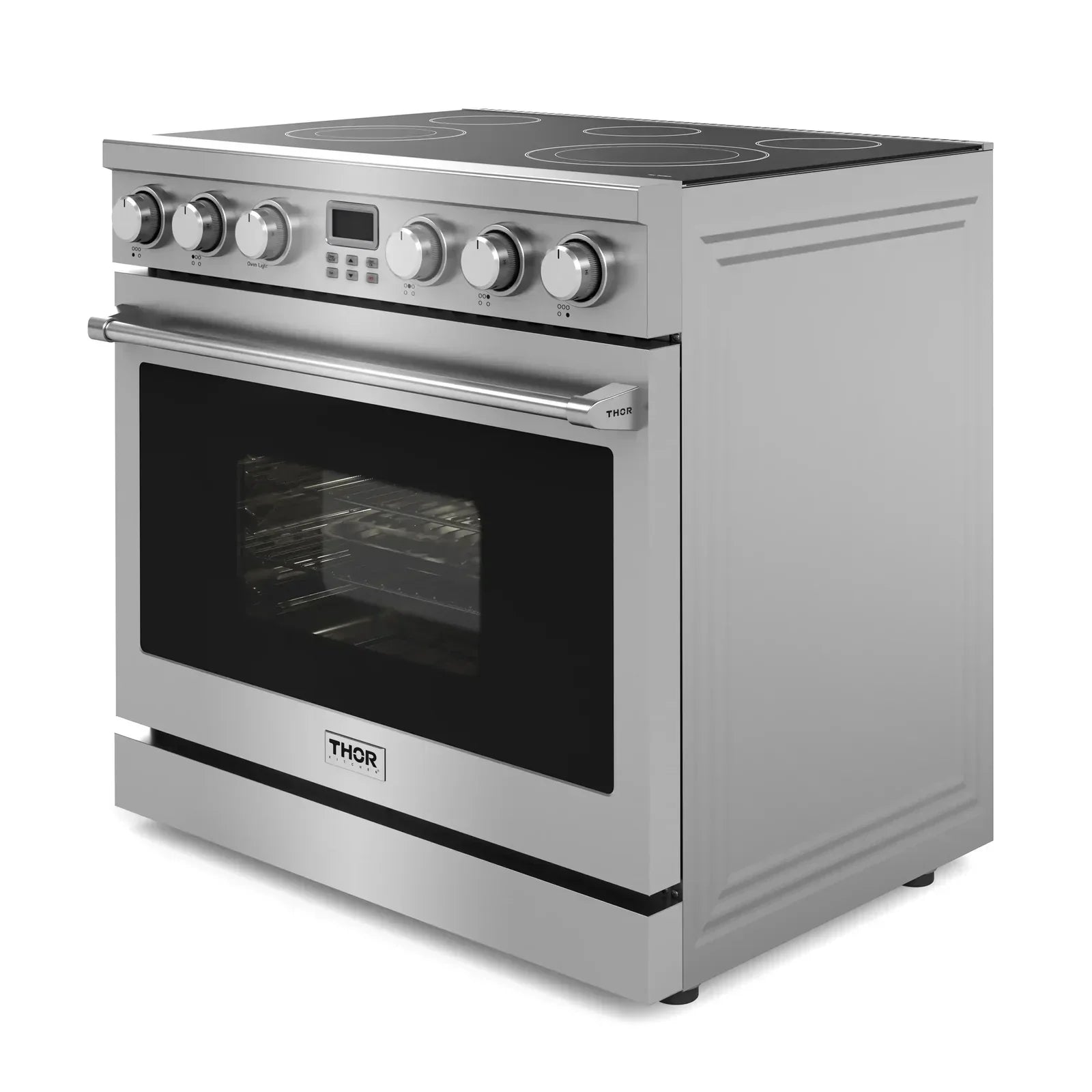 Thor Kitchen 4-Piece Appliance Package - 36-Inch Electric Range, Pro-Style Wall Mount Range Hood, Refrigerator with Water Dispenser, and Dishwasher in Stainless Steel