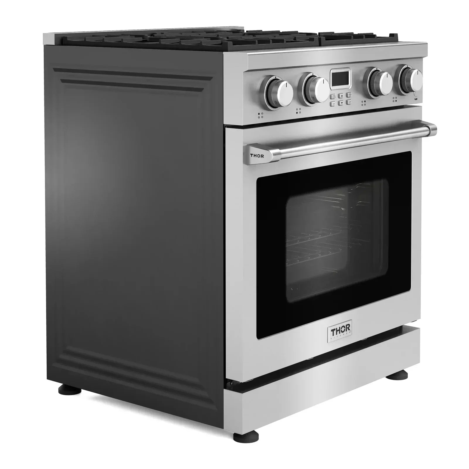 Thor Kitchen 4-Piece Appliance Package - 30-Inch Gas Range, Refrigerator with Water Dispenser, Dishwasher, and Microwave in Stainless Steel