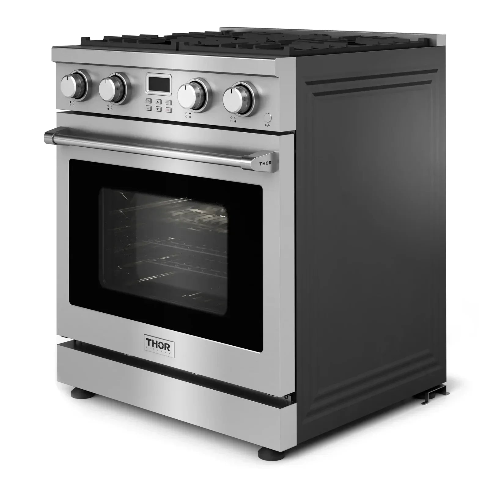 Thor Kitchen 5-Piece Appliance Package - 30-Inch Gas Range, Wall Mount Range Hood, Refrigerator with Water Dispenser, Dishwasher, and Microwave in Stainless Steel
