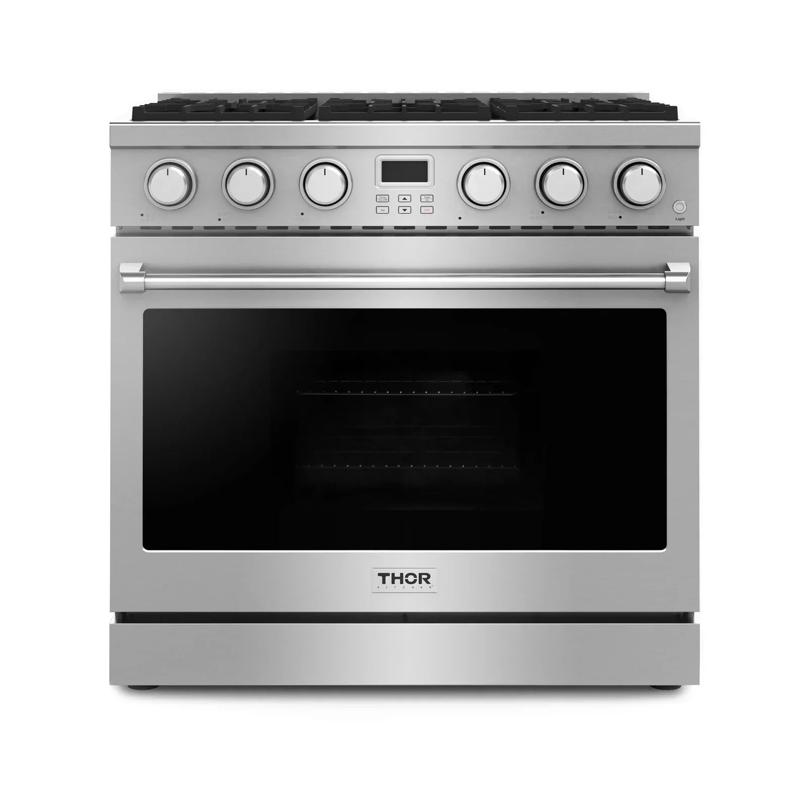 Thor Kitchen 6-Piece Appliance Package - 36-Inch Gas Range, Pro-Style Wall Mount Range Hood, Refrigerator, Dishwasher, Microwave, and Wine Cooler in Stainless Steel
