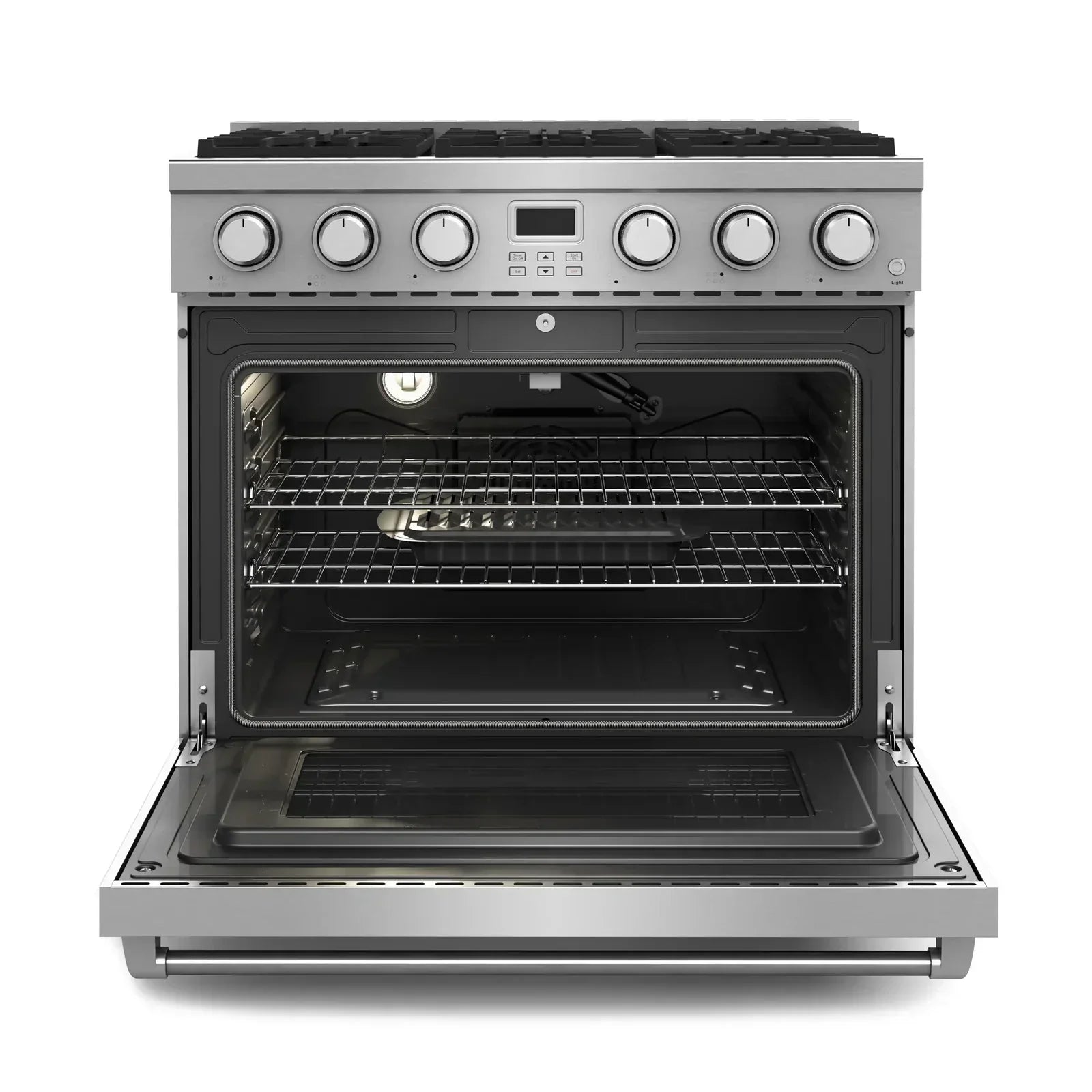 Thor Kitchen 5-Piece Appliance Package - 36-Inch Gas Range, Pro-Style Wall Mount Range Hood, Refrigerator, Dishwasher, and Microwave in Stainless Steel