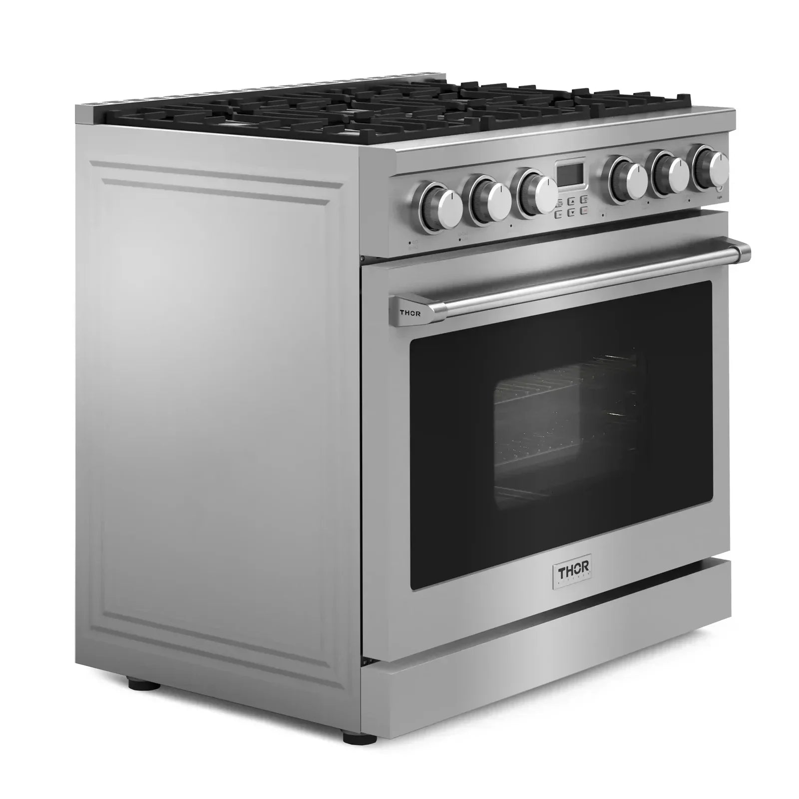 Thor Kitchen 6-Piece Appliance Package - 36-Inch Gas Range, Pro-Style Wall Mount Range Hood, Refrigerator, Dishwasher, Microwave, and Wine Cooler in Stainless Steel