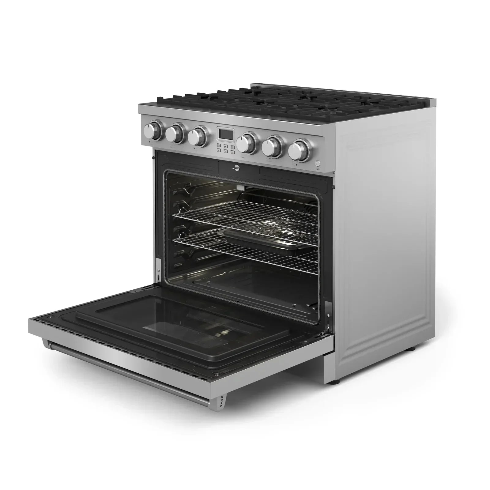 Thor Kitchen 4-Piece Appliance Package - 36-Inch Gas Range, Wall Mount Range Hood, Refrigerator, and Dishwasher in Stainless Steel