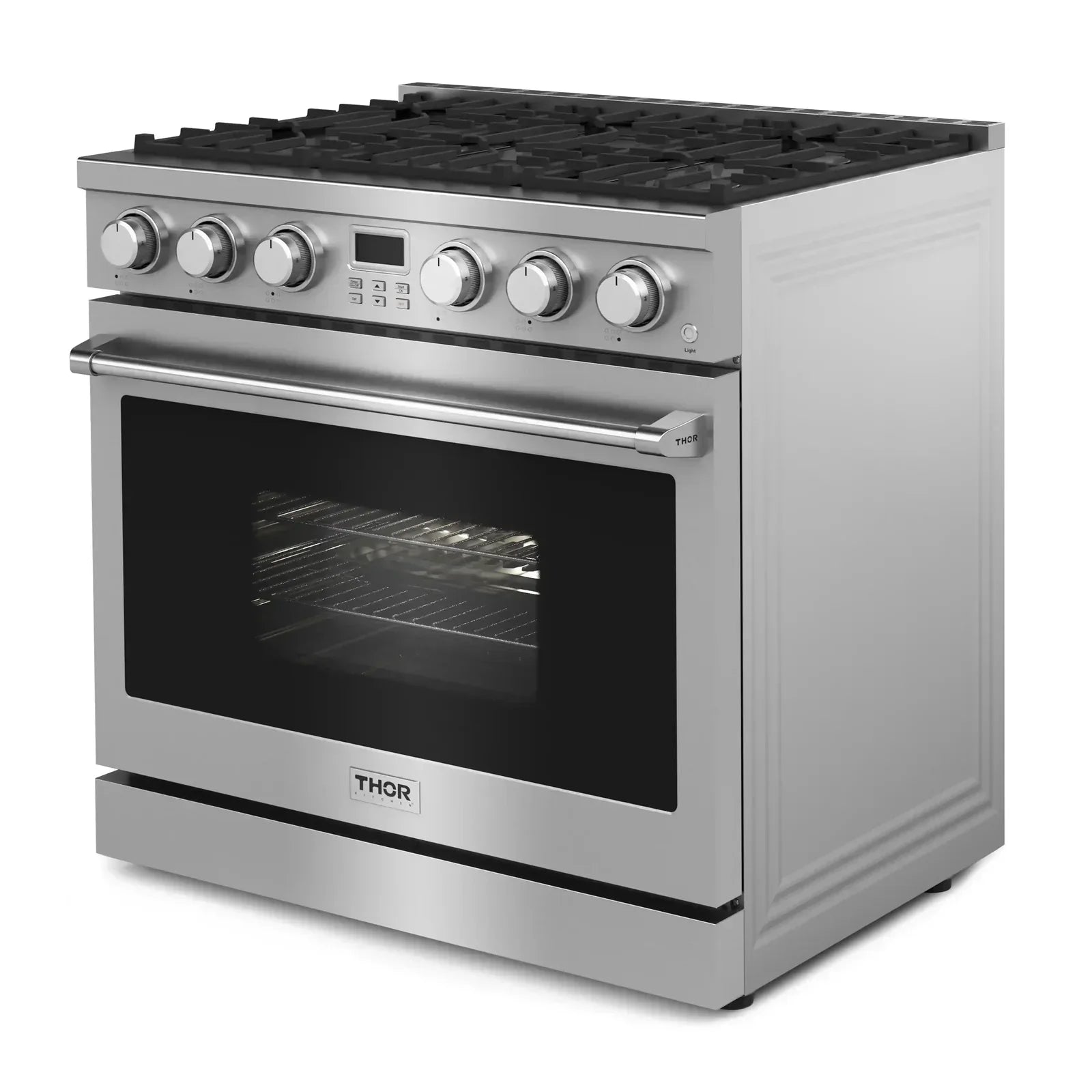 Thor Kitchen 5-Piece Appliance Package - 36-Inch Gas Range, Pro-Style Wall Mount Range Hood, Refrigerator, Dishwasher, and Microwave in Stainless Steel