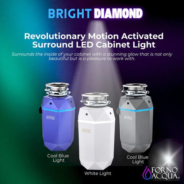 FORNO Acqua BrightDiamond 1HP Super Quiet Garbage Disposal Corded with Motion Sensor Cabinet Light & Pre-Wired Air Switch