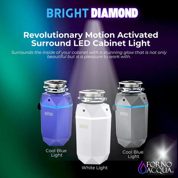 FORNO Acqua BrightDiamond 1HP Super Quiet Garbage Disposal Corded with Motion Sensor Cabinet Light & Pre-Wired Air Switch