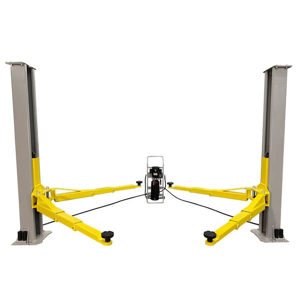 C7000 7,000 lb Portable Two Post Auto Lift with center-mounted steel oil tank and visible cable on white background
