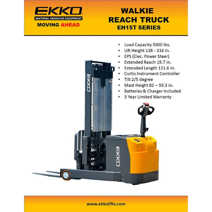 EKKO Moving Mast Walkie Reach Truck 3300 lb Cap., 216" Height EH15TH