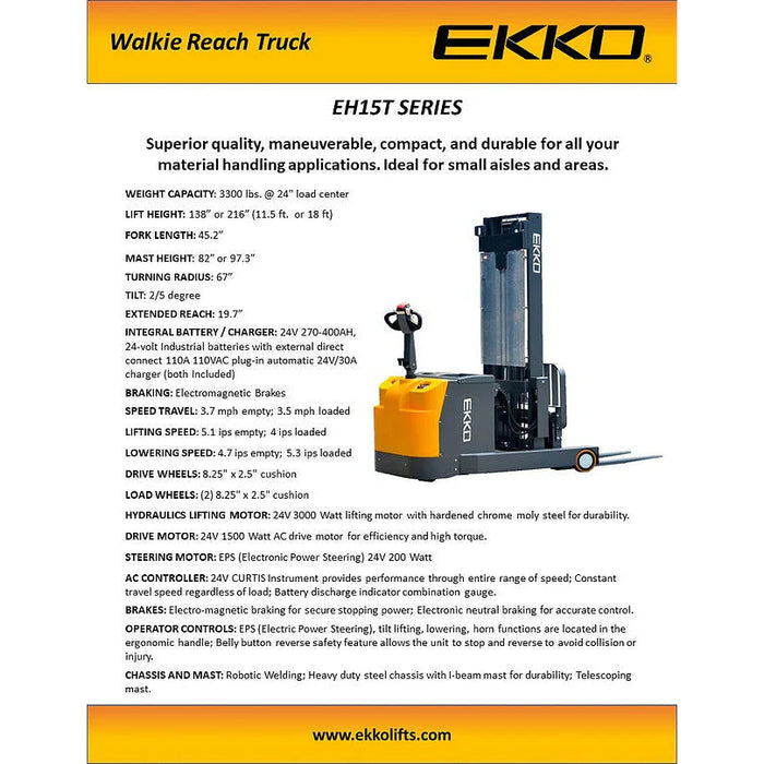 EKKO Moving Mast Walkie Reach Truck 3300 lb Cap., 216" Height EH15TH