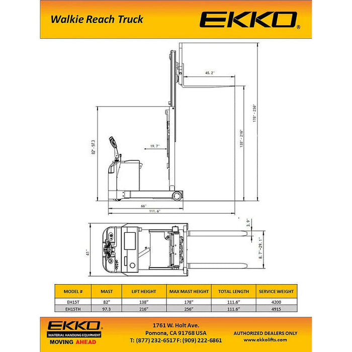 EKKO Moving Mast Walkie Reach Truck 3300 lb Cap., 216" Height EH15TH