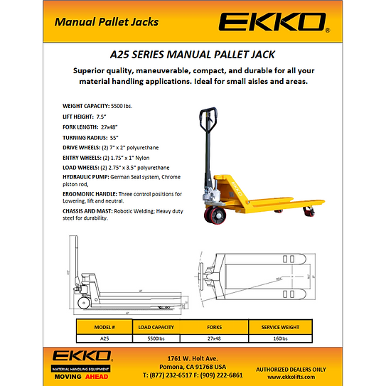 EKKO Manual Pallet Jack 5500lbs., Capacity A25