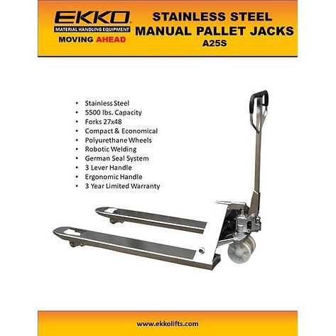 EKKO Stainless Steel Manual Pallet Jack 5500lbs., Capacity A25S