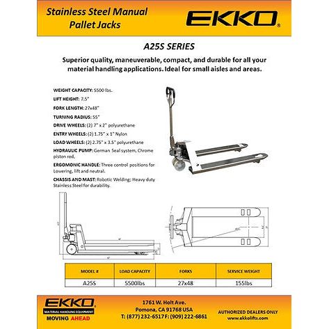 EKKO Stainless Steel Manual Pallet Jack 5500lbs., Capacity A25S