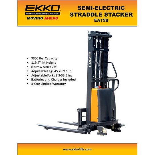 EKKO Semi-Electric Straddle Stacker 3300lbs. Cap., 119.4" Height EA15B