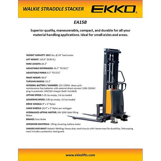 EKKO Semi-Electric Straddle Stacker 3300lbs. Cap., 119.4" Height EA15B