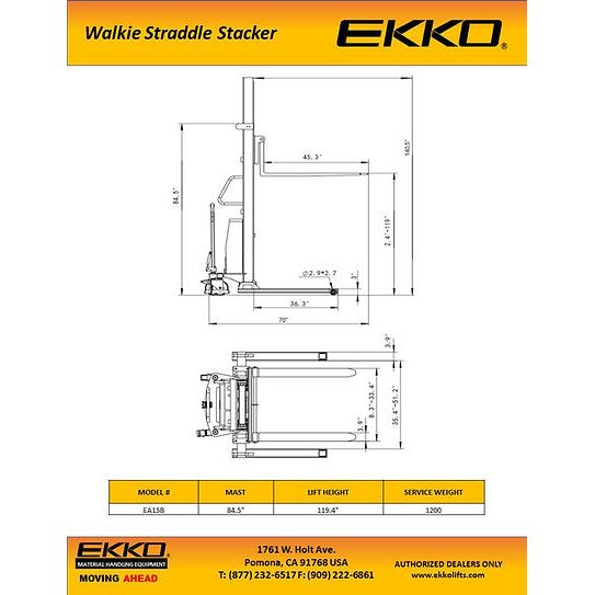 EKKO Semi-Electric Straddle Stacker 3300lbs. Cap., 119.4" Height EA15B