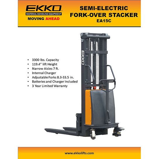 EKKO Semi-Electric Fork-Over Stacker 3300lbs. Cap., 119.3" Height EA15C