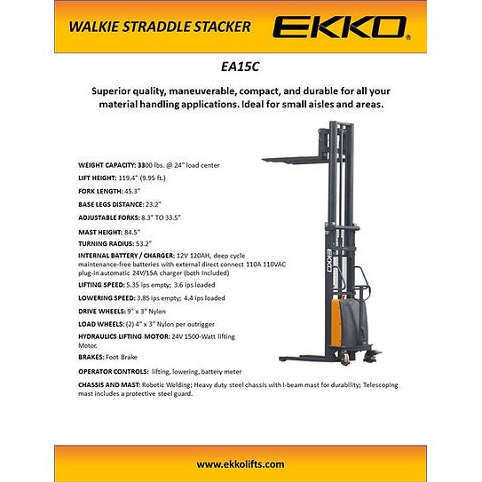 EKKO Semi-Electric Fork-Over Stacker 3300lbs. Cap., 119.3" Height EA15C