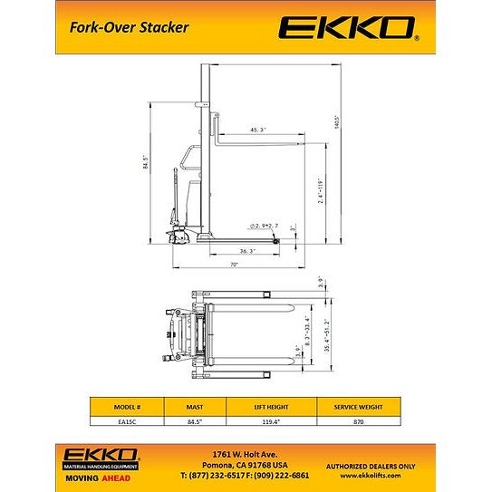 EKKO Semi-Electric Fork-Over Stacker 3300lbs. Cap., 119.3" Height EA15C