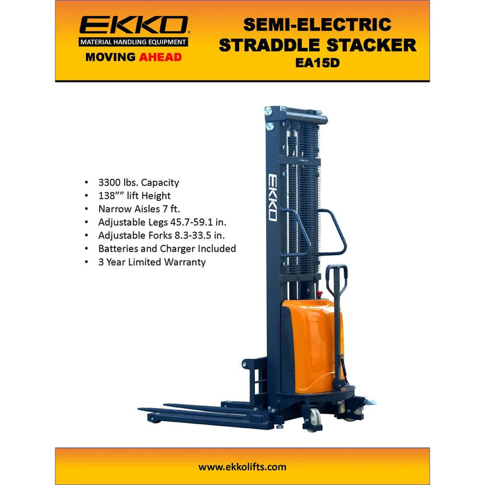 EKKO Semi-Electric Straddle Stacker 3300lbs. Cap., 138" Height EA15D