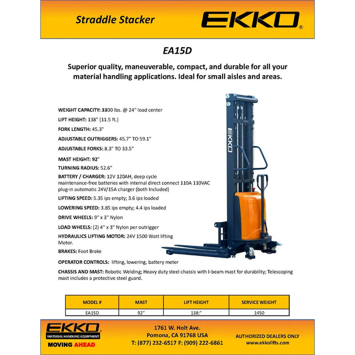 EKKO Semi-Electric Straddle Stacker 3300lbs. Cap., 138" Height EA15D