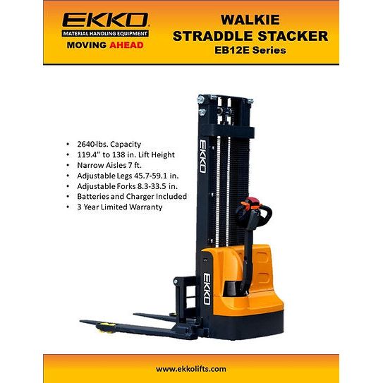 EKKO Full Powered Straddle Stacker 2640 lb Cap., 138" Height EB12E-138