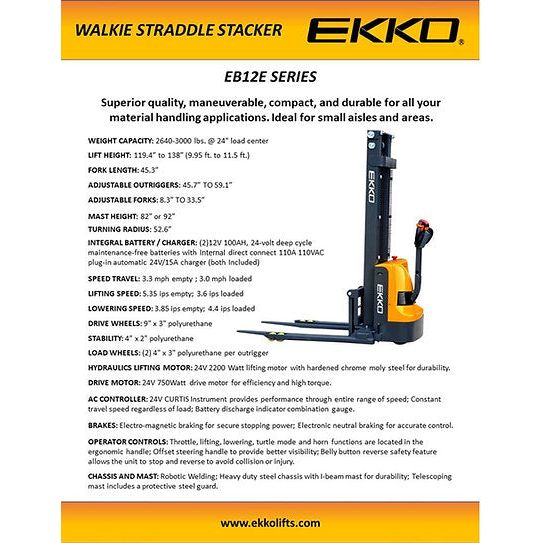 EKKO Full Powered Straddle Stacker 2640 lb Cap., 138" Height EB12E-138