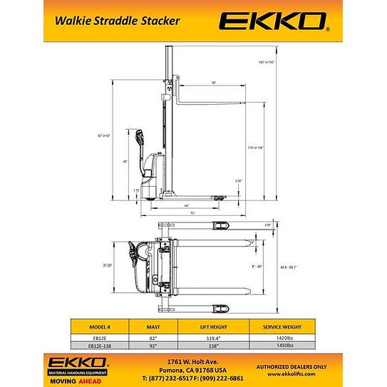 EKKO Full Powered Straddle Stacker 2640 lb Cap., 138" Height EB12E-138