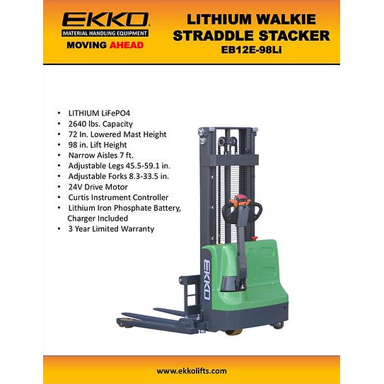 EKKO Lithium Iron Phosphate Straddle Stacker 72"Mast, 98" Lift EB12E-98Li