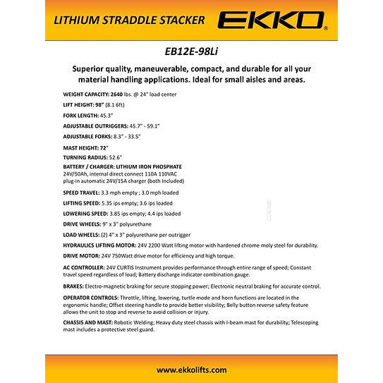 EKKO Lithium Iron Phosphate Straddle Stacker 72"Mast, 98" Lift EB12E-98Li