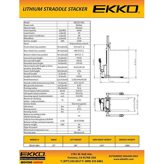 EKKO Lithium Iron Phosphate Straddle Stacker 72"Mast, 98" Lift EB12E-98Li