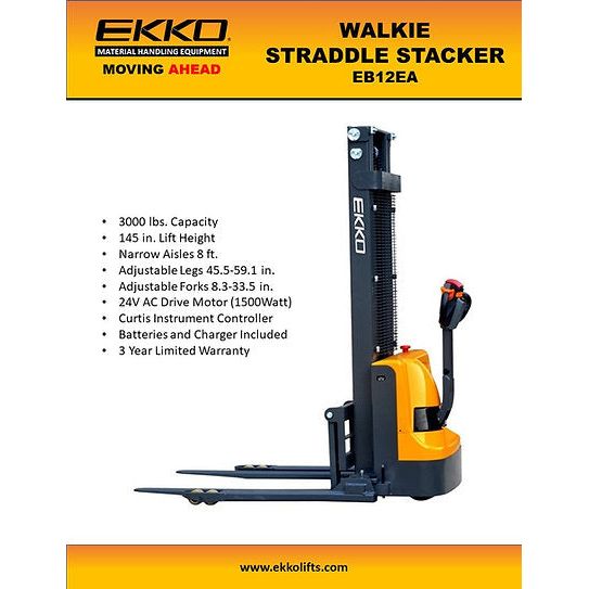 EKKO Full Powered Straddle Stacker 3000 lb Cap., 145.67" Height EB12EA