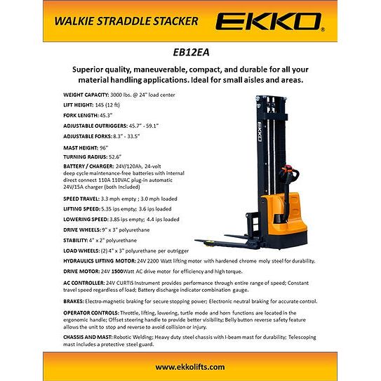 EKKO Full Powered Straddle Stacker 3000 lb Cap., 145.67" Height EB12EA