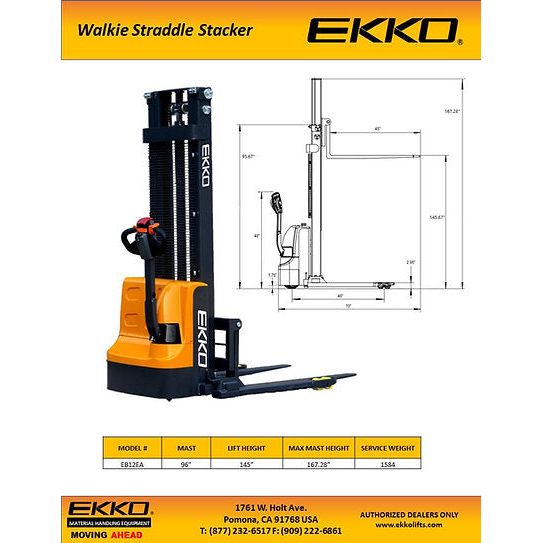 EKKO Full Powered Straddle Stacker 3000 lb Cap., 145.67" Height EB12EA