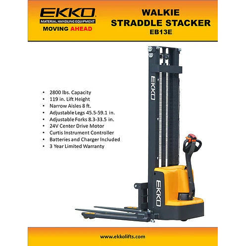 EKKO Full Powered Straddle Stacker 2800 lb Cap., 138" Height EB13E-138