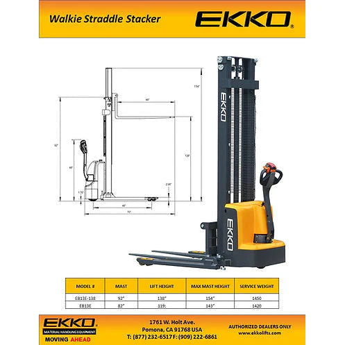 EKKO Full Powered Straddle Stacker 2800 lb Cap., 138" Height EB13E-138