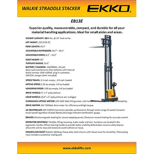 EKKO Full Powered Straddle Stacker 2800 lb Cap., 138" Height EB13E-138