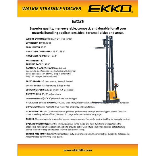 EKKO Full Powered Straddle Stacker 2800 lb Cap., 119" Height EB13E