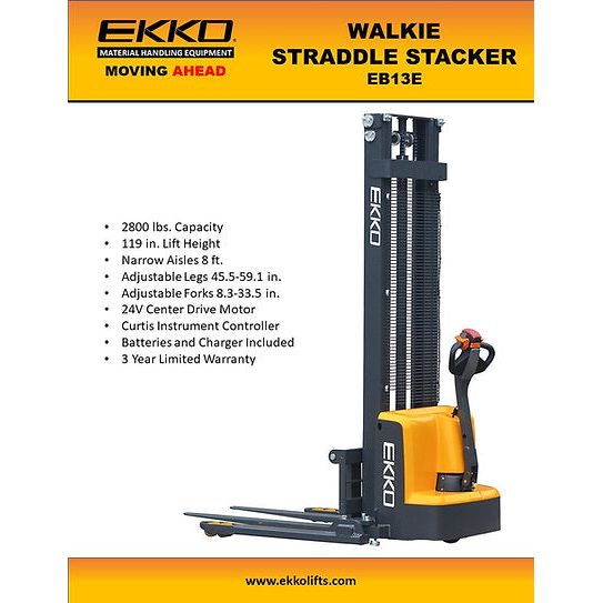 EKKO Full Powered Straddle Stacker 2800 lb Cap., 119" Height EB13E